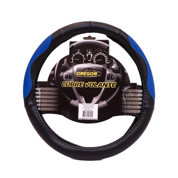 CV069 CUBRE VOLANTE MODELO INDIANAPOLIS 500 CUERO SINTENTICO NEGRO / CELESTE 38*8.2CM